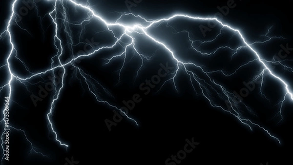 Fototapeta Lightning Effect Overlay, Isolated Electric Thunderstorm Bolt Strikes on Dark Night Sky Background, High-Resolution Flash Energy Discharge Texture