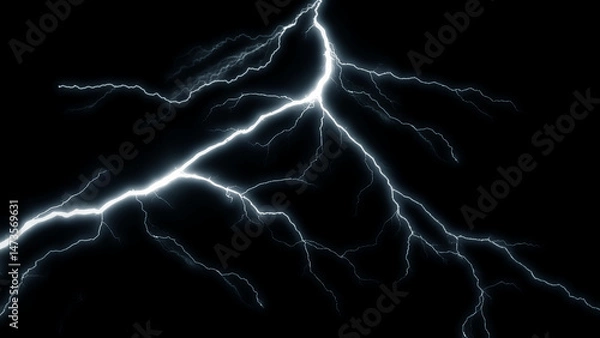 Fototapeta Lightning Effect Overlay, Isolated Electric Thunderstorm Bolt Strikes on Dark Night Sky Background, High-Resolution Flash Energy Discharge Texture