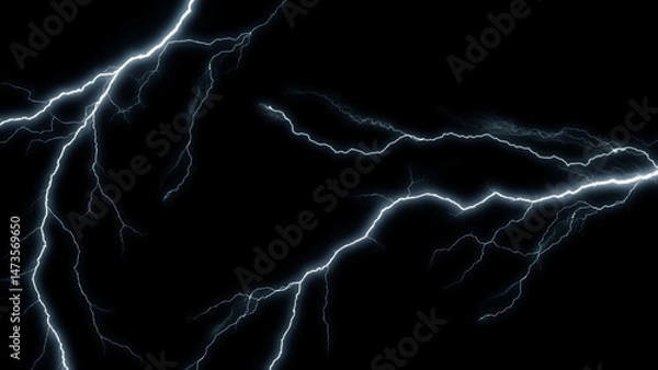 Fototapeta Lightning Effect Overlay, Isolated Electric Thunderstorm Bolt Strikes on Dark Night Sky Background, High-Resolution Flash Energy Discharge Texture