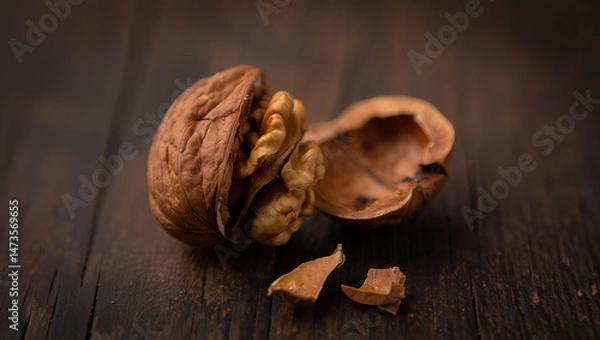 Fototapeta A close-up of a cracked walnut on a rustic wooden surface, showcasing the natural texture and rich details of the nut and wood grain.

