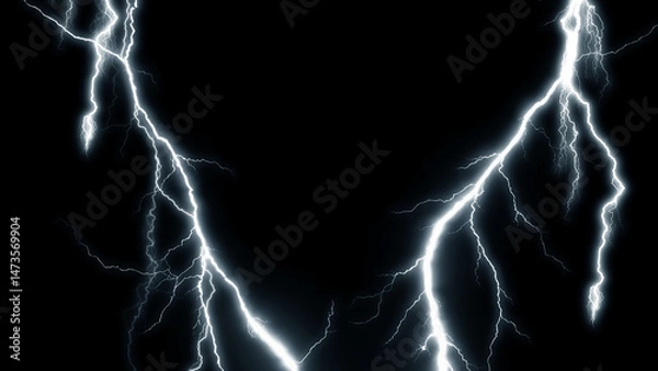 Fototapeta Lightning Effect Overlay, Isolated Electric Thunderstorm Bolt Strikes on Dark Night Sky Background, High-Resolution Flash Energy Discharge Texture