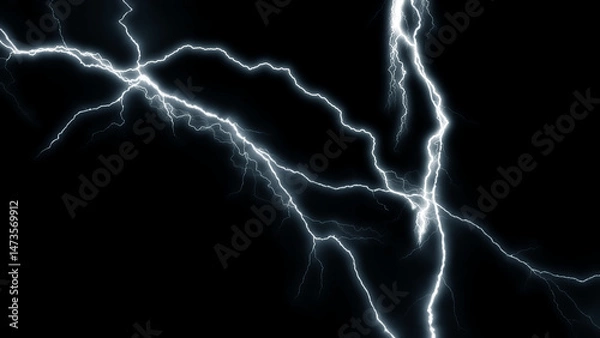 Fototapeta Lightning Effect Overlay, Isolated Electric Thunderstorm Bolt Strikes on Dark Night Sky Background, High-Resolution Flash Energy Discharge Texture