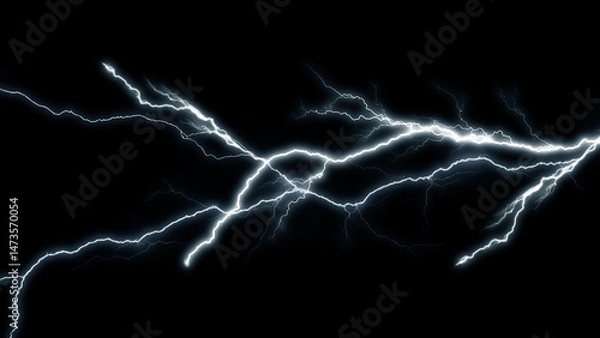 Fototapeta Lightning Effect Overlay, Isolated Electric Thunderstorm Bolt Strikes on Dark Night Sky Background, High-Resolution Flash Energy Discharge Texture