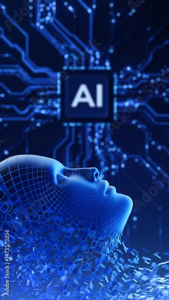 Fototapeta Digital Face Head as Symbol of AI with Circuit and Artificial Intelligence Chip