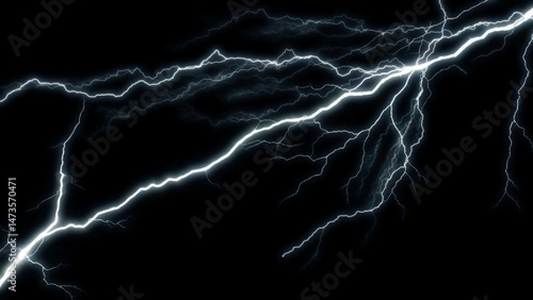 Fototapeta Lightning Effect Overlay, Isolated Electric Thunderstorm Bolt Strikes on Dark Night Sky Background, High-Resolution Flash Energy Discharge Texture