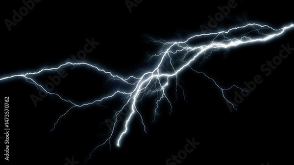 Fototapeta Lightning Effect Overlay, Isolated Electric Thunderstorm Bolt Strikes on Dark Night Sky Background, High-Resolution Flash Energy Discharge Texture