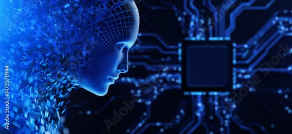 Fototapeta Artificial Intelligence AI as a symbol of a Digital Human Face Avatar and circuit with processor