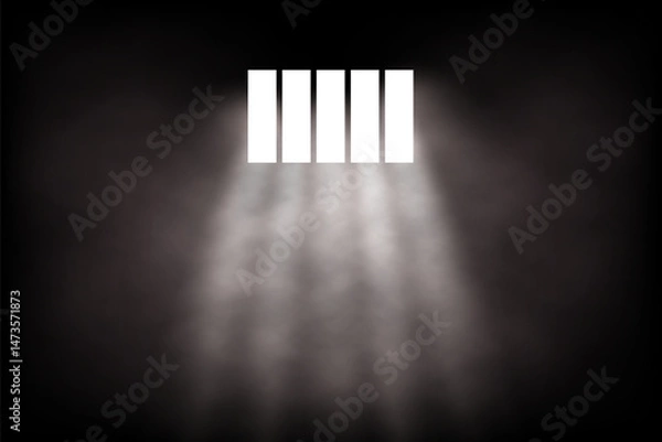 Fototapeta Light rays shining through prison bars in darkness with fog or smoke effect. Jail window background. Abstract vector illustration.