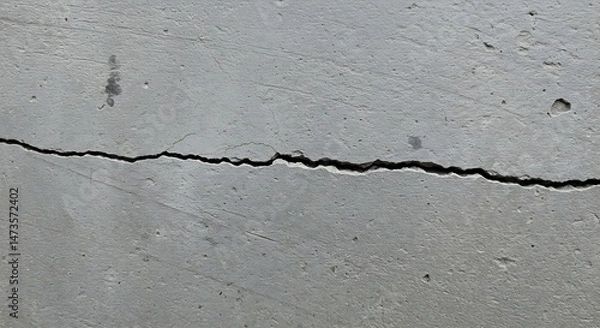 Fototapeta A light gray concrete surface is prominently fractured by a jagged horizontal crack with smaller branching fissures, revealing texture and potential structural damage