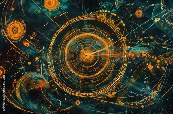 Fototapeta Aesthetic representation of cyclical time in gold linework