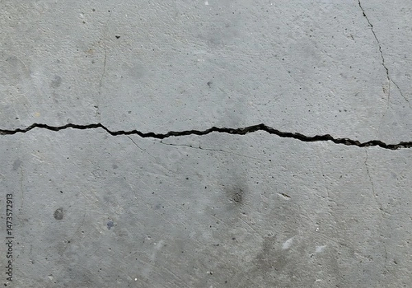 Fototapeta This photograph captures a detailed view of a concrete surface with a substantial horizontal crack, jagged edges, and smaller fractures, highlighting material failure