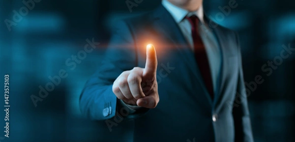 Fototapeta The businessman touch virtual screen. Man presses virtual button. Business Technology Concept
