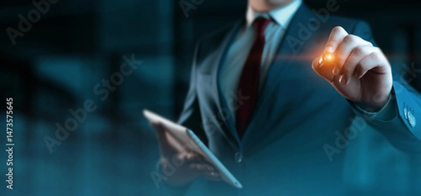 Fototapeta The businessman touch virtual screen. Man presses virtual button. Business Technology Concept