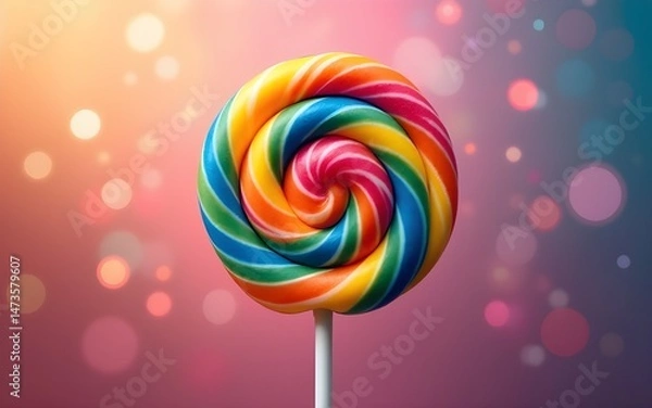 Fototapeta Rainbow Swirl Lollipop with Bokeh Background. High quality