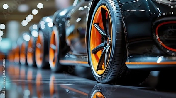 Fototapeta Luxury Sports Cars Lineup: A row of sleek, black luxury sports cars with vibrant orange rims stands in a showroom, showcasing their powerful design and high-end details.