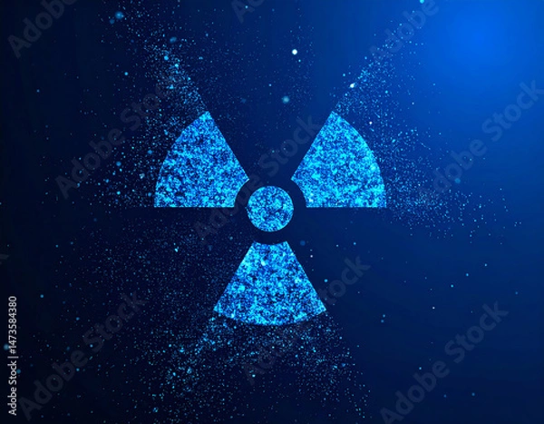 Fototapeta A glowing blue radiation symbol surrounded by sparkling particles, set against a dark background, conveying a sense of energy and caution
