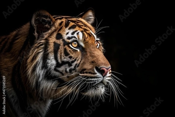 Obraz Intense Tiger Face Close-Up – Dramatic Wildlife Portrait in Dark Background