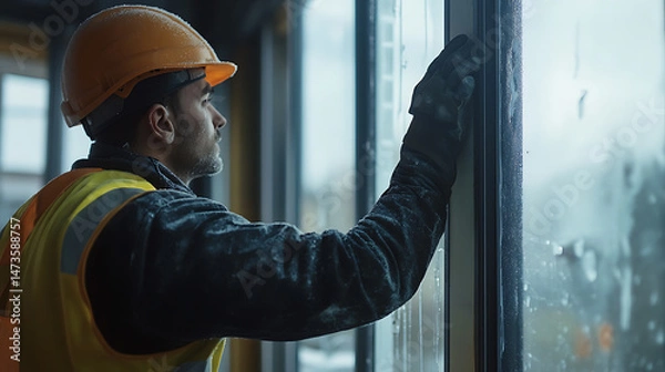 Fototapeta Construction Worker Inspecting Window Frame