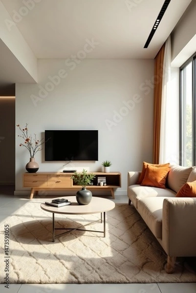 Fototapeta Bright japandi living room with minimalist decor and natural light, natural light, japandi