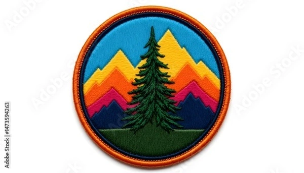 Fototapeta A circular patch displays a stylized mountain range silhouette against a gradient sky, transitioning from a deep blue at the top to a warm orange at the bottom