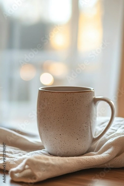 Fototapeta Cozy Cup of Coffee on a Soft Textile with Warm Background Glow