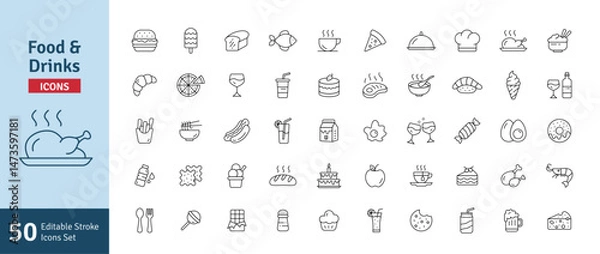 Obraz Food And Drinks Line Icons Set. Tea, Coffee, Burger, Pizza, Ice Cream, Beer, Cake, Cookie, Wine, Rice, Fried Chicken, Noodle Icons Editable Stroke Vector Illustration