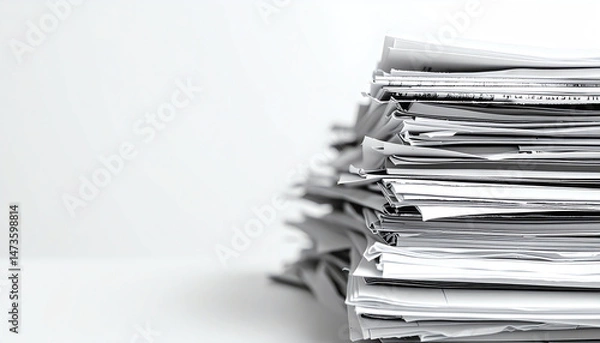 Fototapeta A disorganized stack of papers piled high, showcasing a mix of documents and reports in a minimalist setting