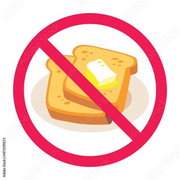 Obraz Forbidden sign with white breads icon, no toast bread allowed sign, no breakfast allowed sign, breakfast prohibition symbol
