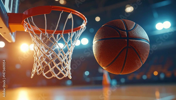 Fototapeta Action shot a basketball approaching the hoop in an arena setting