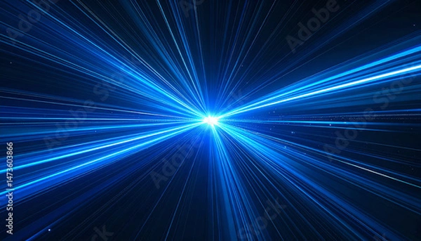 Fototapeta A vibrant display of blue light radiates outward, creating a sense of movement and depth against a dark background, reminiscent of speed or cosmic phenomena