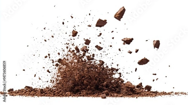 Fototapeta Brown soil exploding into pieces against a white background