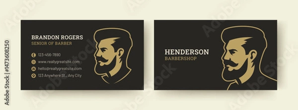 Fototapeta Modern black and gold business card template featuring a stylish barber profile illustration. Perfect for personal or corporate use, showcasing contact information. Vector illustration