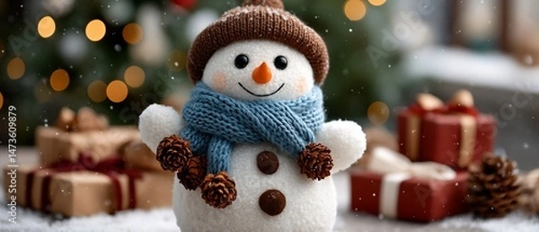 Fototapeta Festive snowman with a blue scarf surrounded by gifts and holiday bokeh lights