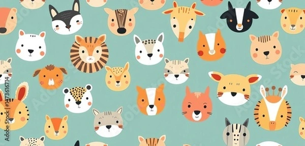 Obraz Seamless playful animal faces pattern in Scandinavian style, ideal for kids' textiles,  seamless pattern, faces