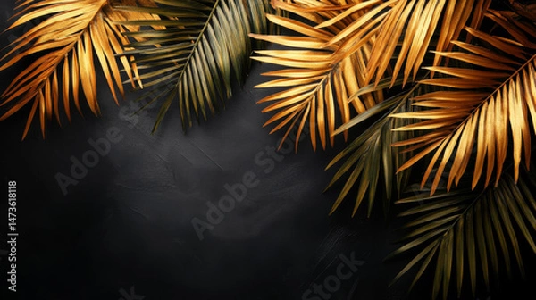 Obraz Palm Tree Leaves. Gold and Black Tropical Leaves on a Black Background. Luxury Abstract Botanical Background	