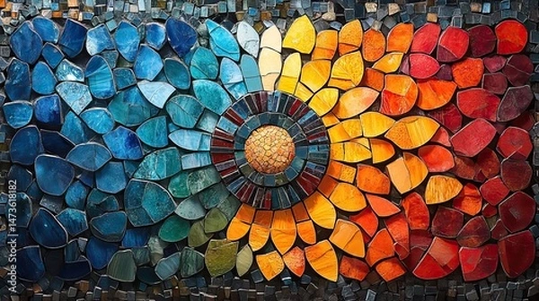 Fototapeta A vibrant mosaic pattern composed of small, colorful tiles, creating an intricate and visually appealing design The details are precise and the colors are rich