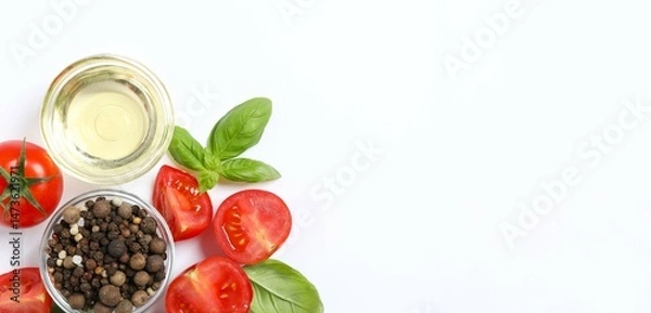 Obraz Fresh red tomatoes, pepper, oil and basil on white background, top view, space for text