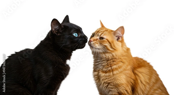 Obraz Two adorable cats sitting close together, their noses almost touching in a tender, affectionate moment as they lean in for a kiss. isolated on white transparent background PNG