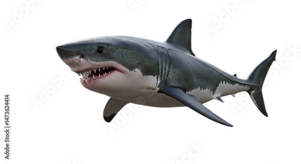 Obraz powerful great white shark, mouth slightly open revealing sharp teeth. isolated on white transparent background PNG