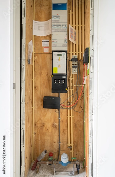Fototapeta Water and electrical meter on a meter cupboard in a modern, gas-free, energy efficient home.