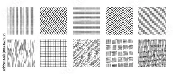 Fototapeta Crosshatch patterns collection - vertical, horizontal lines, zigzag and grid, waves and grass ink hatching. Shading textures set. Monochrome graphic design elements and decorative backgrounds.