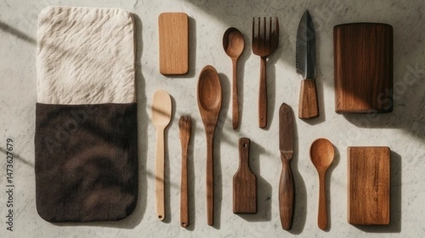 Obraz Stylish Wooden Kitchen Utensils and Mitts on a Gray Marble Table