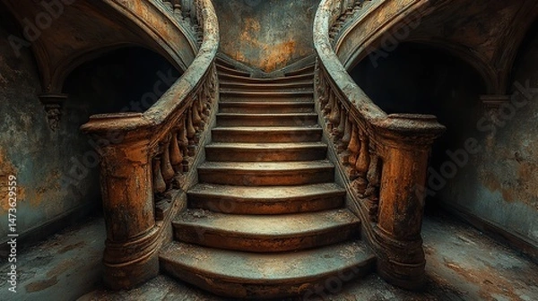 Fototapeta A winding staircase in an old building, leading upwards into unknown spaces, suggesting mystery and the passage of time through architecture