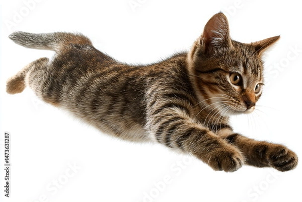 Fototapeta Tabby cat jumping, isolated on white background