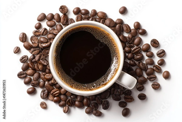 Fototapeta Cup of coffee and coffee beans on white background, top view