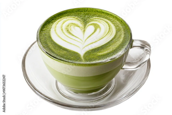 Fototapeta Matcha with heart shape in glass isolated on white background