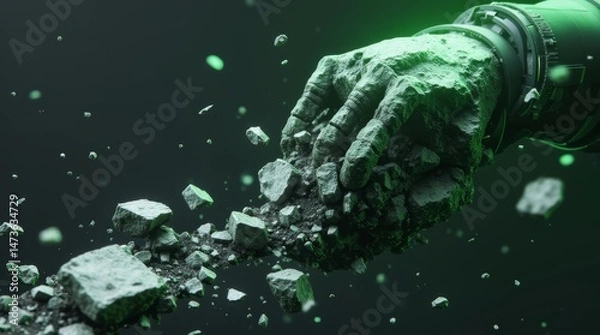 Obraz Stone hand disintegrating into rocky fragments against dark background with green lighting. Abstract concept of decay, transformation, and impermanence in dramatic artistic rendering.