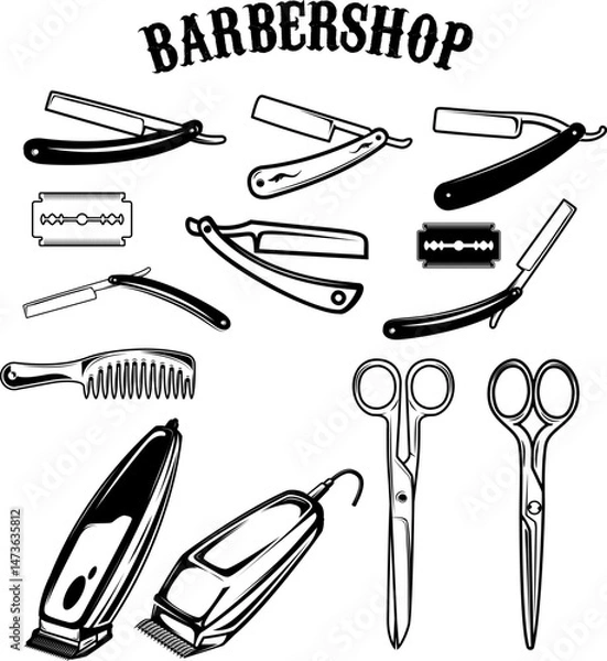 Obraz Set of barber tools isolated on white background. Design elements for logo, emblem, sign. Vector illustration