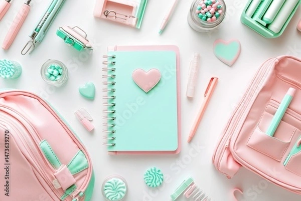 Obraz Pastel-toned stationery and school supplies arranged on a white surface.  A collection of notebooks, pens, pencils, erasers, and accessories in soft pink and mint green