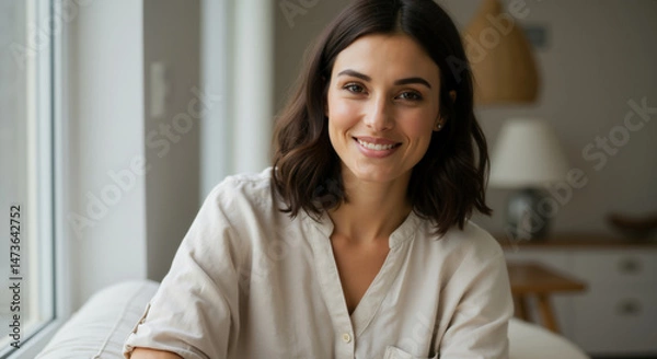 Obraz Brunette woman with genuine smile in white linen shirt by window with soft natural light. Portrait conveying confidence and warmth for wellness, personal growth and professional development concepts